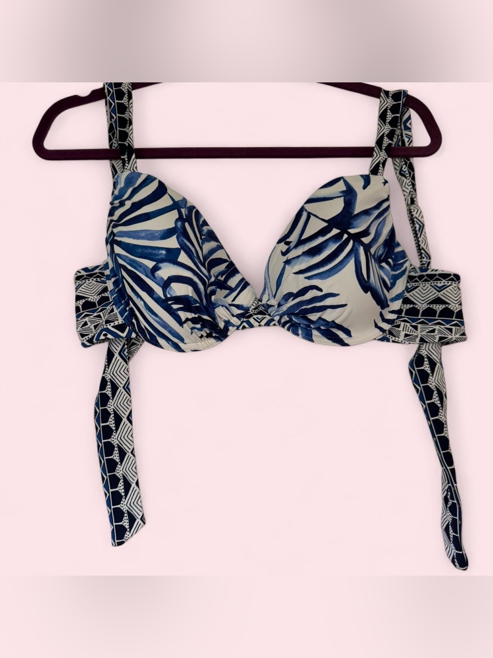 Tommy Bahama Navy and Cream Tropical Leaf Push-Up Bikini Top